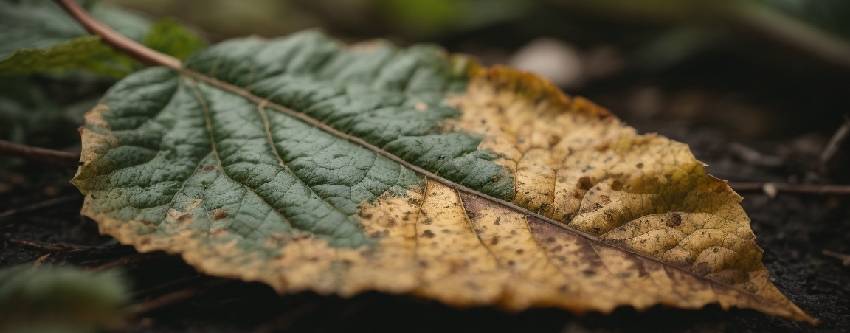 Feuille touchée par l'anthracnose présentant des taches nécrotiques et un aspect desséché, témoignant de l'infection fongique.