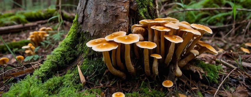 Champignons armillaires à la teinte de miel émergeant au pied d'un arbre en forêt