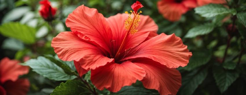 Un hibiscus éclatant avec de grandes fleurs colorées et des feuilles brillantes sous un soleil doux.