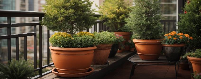 Balcon orné de conifères compacts variés offrant verdure et fraîcheur toute l'année.