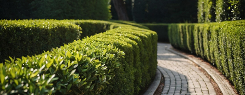 Photo d'une haie de Ligustrums qui ornent le long d'un chemin pavé