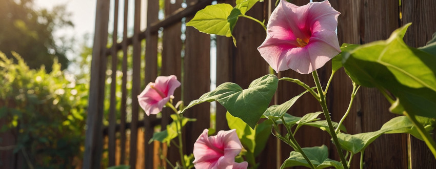 Ipomée en fleur le long d'une haie de jardin