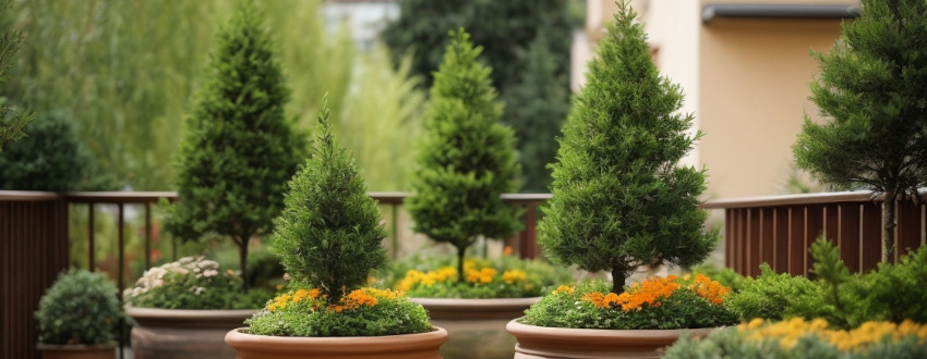 Composition de conifères nains et de plantes vivaces dans un bac de jardin