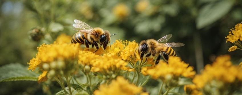 Abeilles butinant sur une fleur d'arbuste mellifère, soulignant l'importance de ces plantes dans la chaîne de pollinisation.